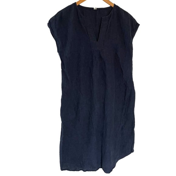 Studio 412 August Tunic Shift Dress Small S Navy Blue V Neck Short Sleeve Linen - Picture 2 of 7